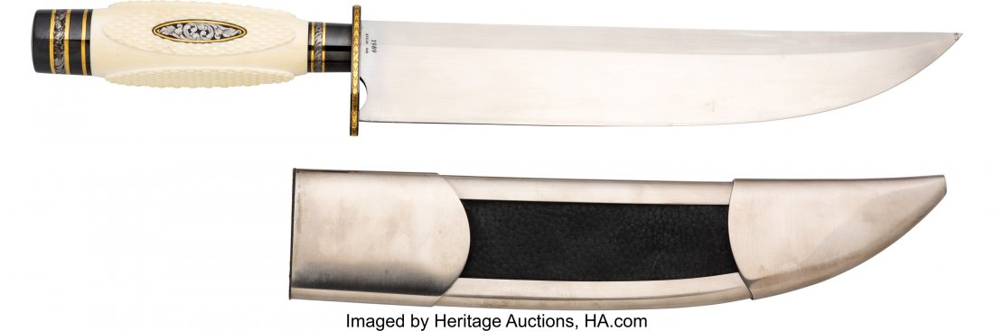 Tommy Overeynder Searles Bowie Knife with Scabba: Tommy Overeynder Searles Bowie Knife with Scabbard. 9-inch ATS-34 steel blade marked: