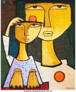 Angel Botello (1913-1986) Mother and Child, 1985: Angel Botello (1913-1986)Mother and Child, 1985Linocut with handcoloring on