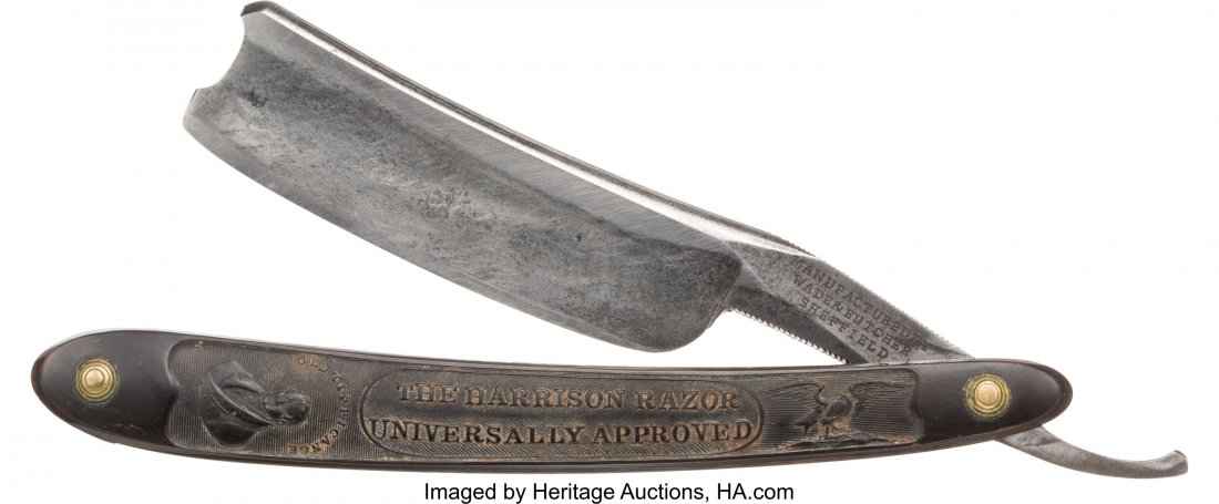 William Henry Harrison: Rare Horn-Handled Straig: William Henry Harrison: Rare Horn-Handled Straight Razor with Portrait and Log Cabin. One