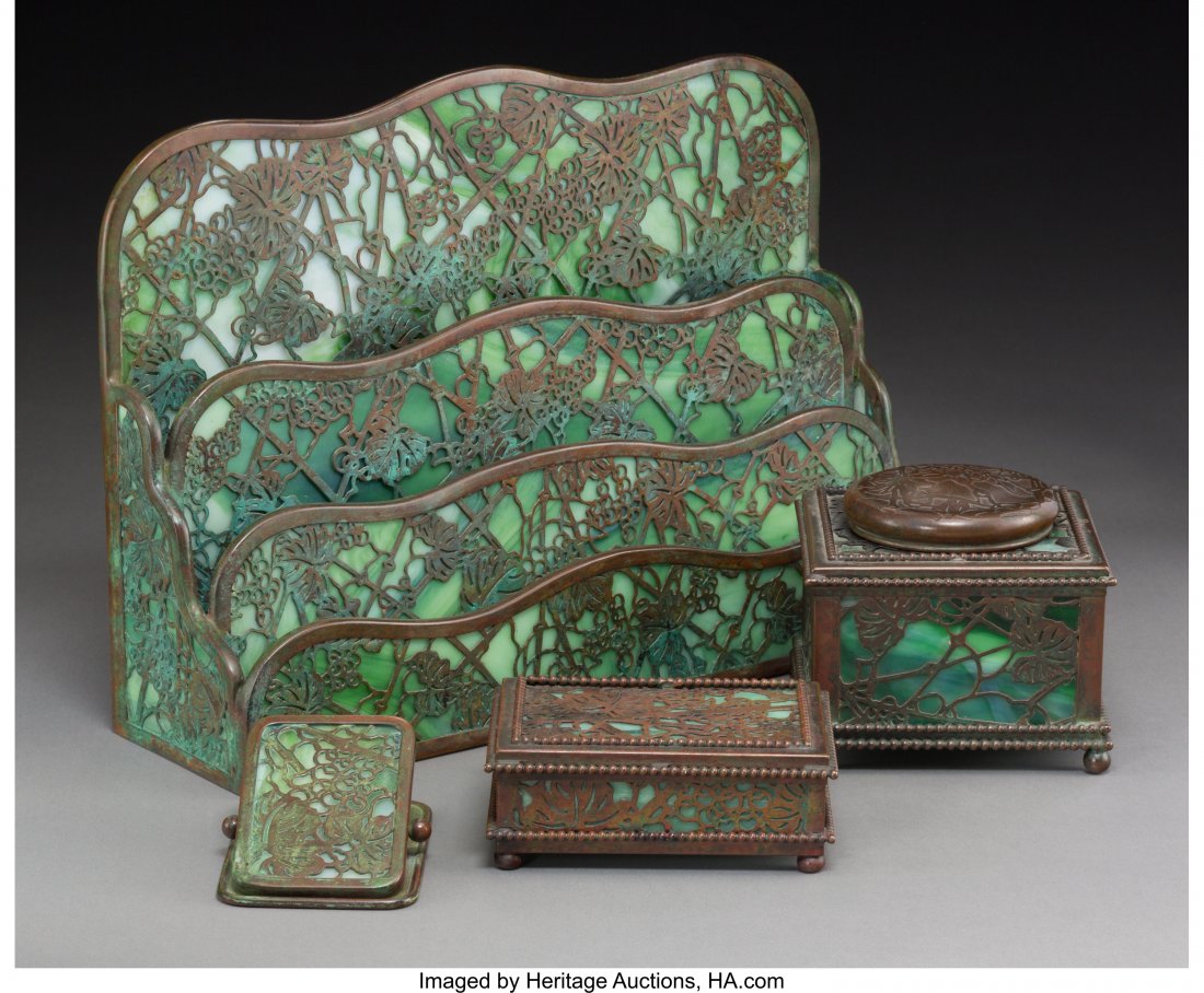 A Four-Piece Tiffany Grapevine Pattern Bronze &: A Four-Piece Tiffany Grapevine Pattern Bronze & Favrile Glass D