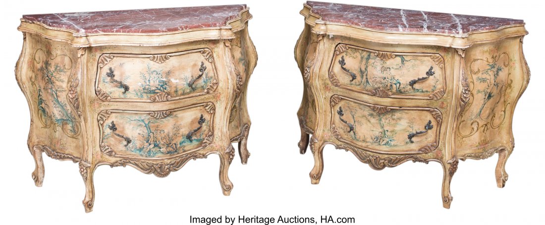A Pair of Venetian-Style Paint-Decorated Commode: A Pair of Venetian-Style Paint-Decorated Commodes 35-1/2 h x 50 w x 21 d inches (90.2 x 127 x 53.3