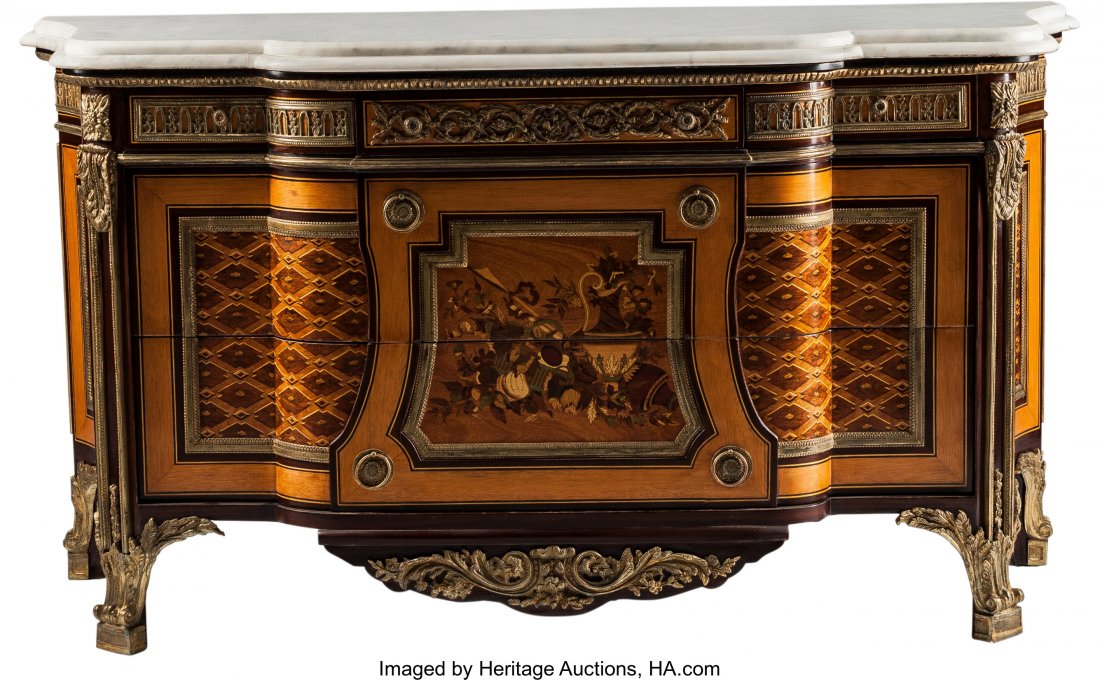 A RÃ©gence-Style Marquetry Inlaid and Gilt Bronz: A RÃ©gence-Style Marquetry Inlaid and Gilt Bronze Commode with Marble Top 37 h x 60 w x 26