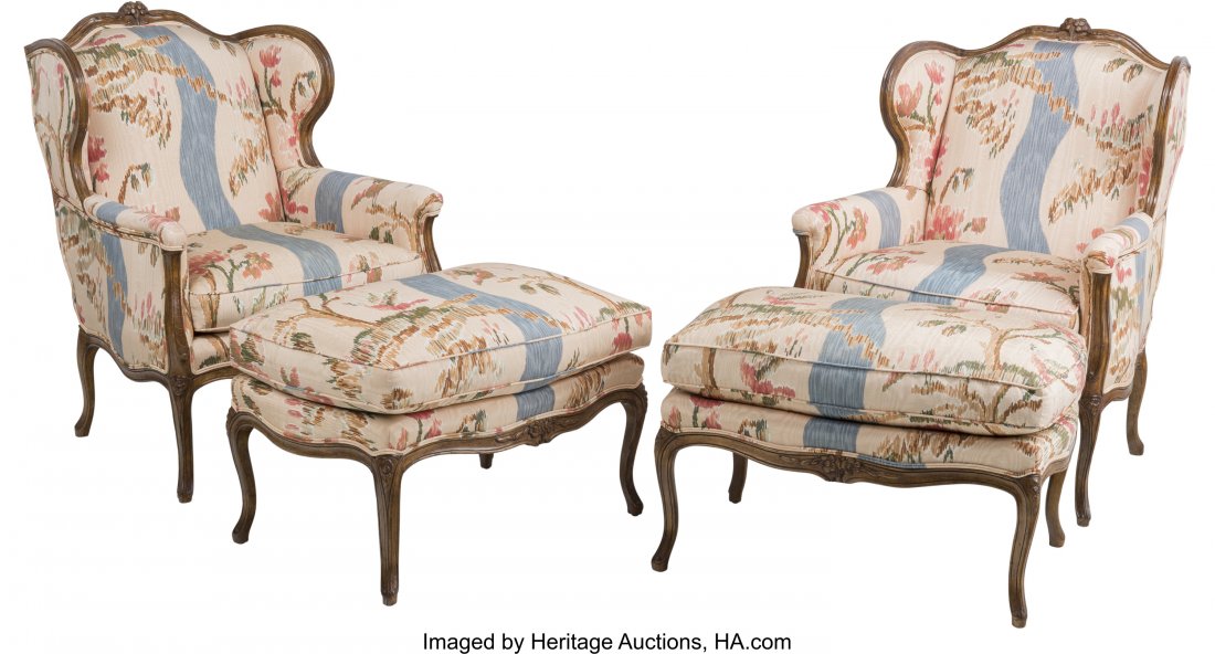 A Pair of Louis XV-Style Wingback Armchairs with: A Pair of Louis XV-Style Wingback Armchairs with Ottomans, 20th century 46 h x 30-1/2 w x 3