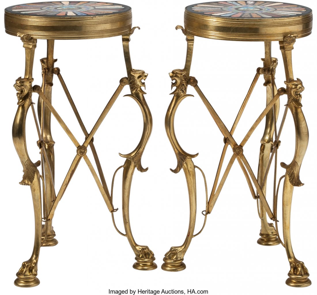 A Pair of RÃ©gence-Style Gilt Bronze, Specimen M: A Pair of RÃ©gence-Style Gilt Bronze, Specimen Marble, and Micromosaic Side Tables 27 inche