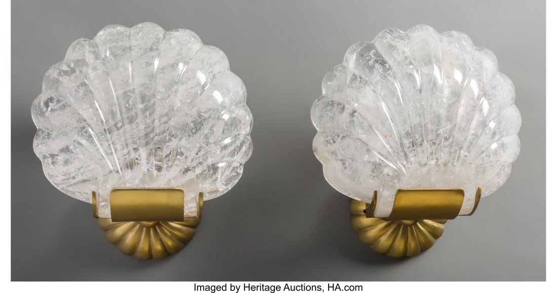 A Pair of Carved Rock Crystal and Polished Bronz: A Pair of Carved Rock Crystal and Polished Bronze Sconces 10 h x 9-1/4 w x 6-1/8 d inches (