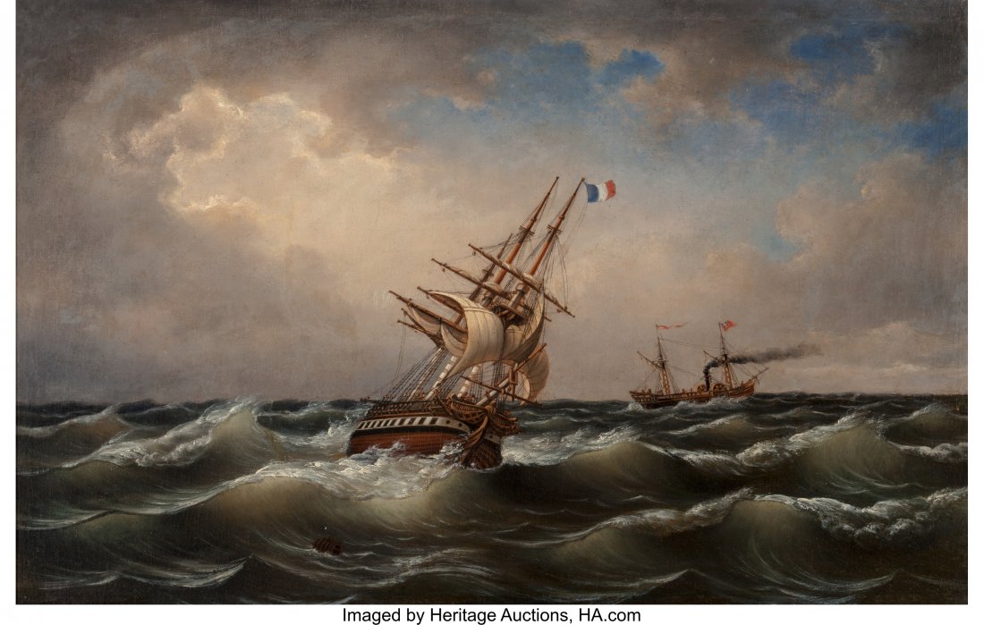 Albert Marees (German, Late 19th Century) Ships : Albert Marees (German, Late 19th Century) Ships on a Choppy Sea Oil on canvas