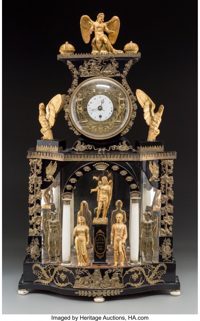 An Viennese Empire Ebonized, Giltwood, Alabaster: An Viennese Empire Ebonized, Giltwood, Alabaster, and Gilt Bronze Figural Mantel Clock with Classical