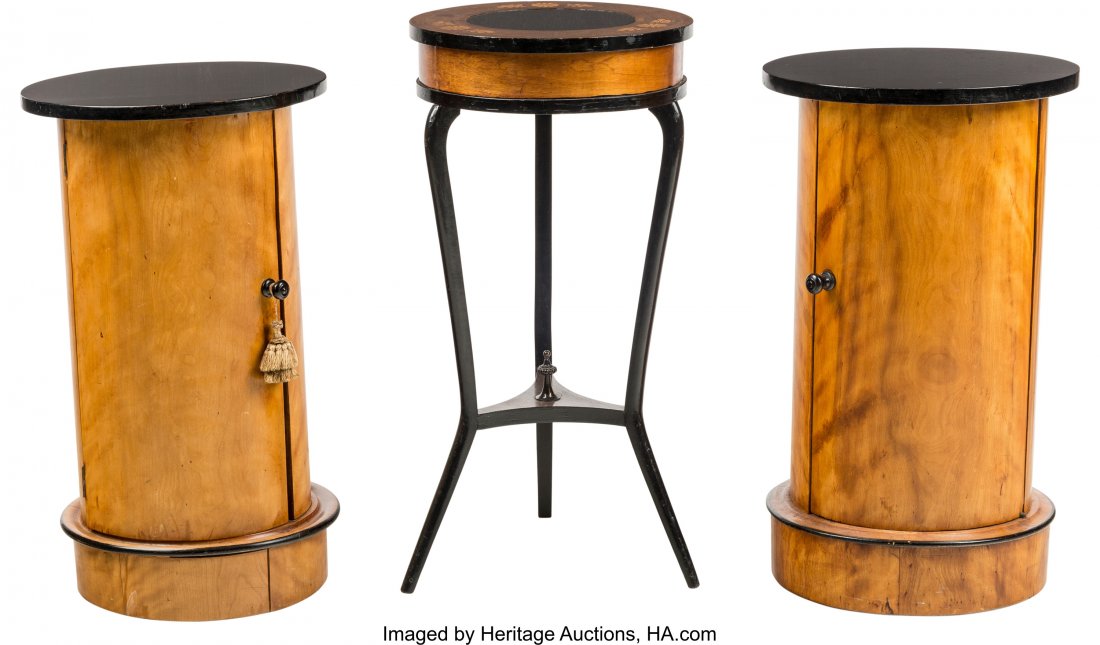 A Pair of Biedermeier Maple and Ebonized Wood Ca: A Pair of Biedermeier Maple and Ebonized Wood Cabinets with Inlaid Tripod Table, 19th century<