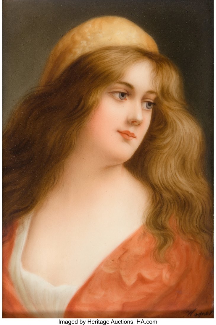 A Hutschenreuther KPM-Style Porcelain Portrait P: A Hutschenreuther KPM-Style Porcelain Portrait Plaque in Giltwood Frame: Ayesta