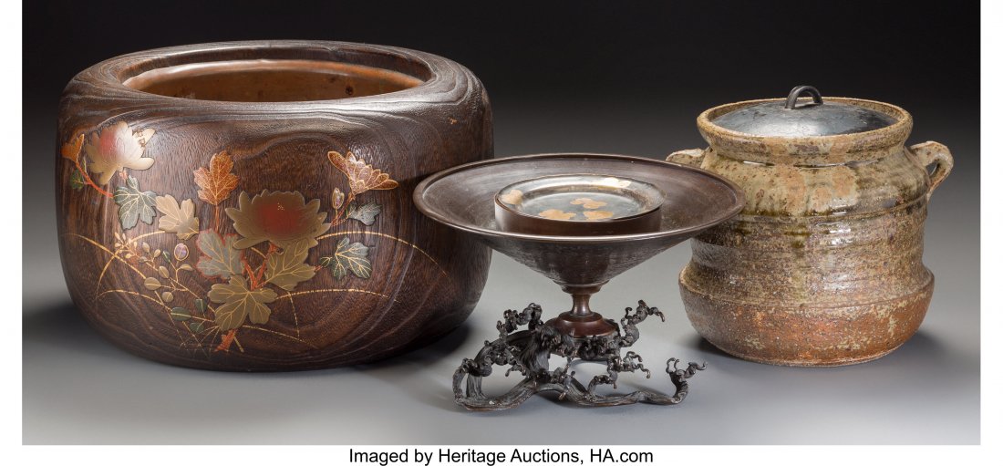 A Japanese Earthenware Jar, Lacquered Hibachi, a: A Japanese Earthenware Jar, Lacquered Hibachi, and Bronze Tazza 8-1/8 inches high x 12-3/4
