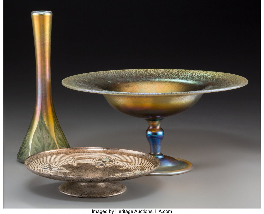 A Tiffany Studios Abalone Grapes Low Tazza with: A Tiffany Studios Abalone Grapes Low Tazza with Tiffany-Style Glass Vase and Tazza, circa 1920