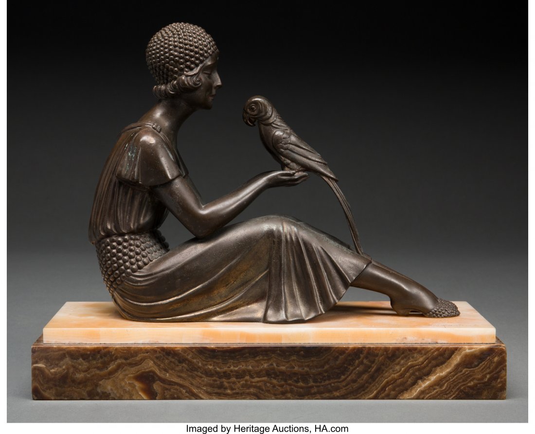 After Demetre Chiparus (Romanian) Lady & Parrot: After Demetre Chiparus (Romanian)Lady & ParrotBronze with brown patina