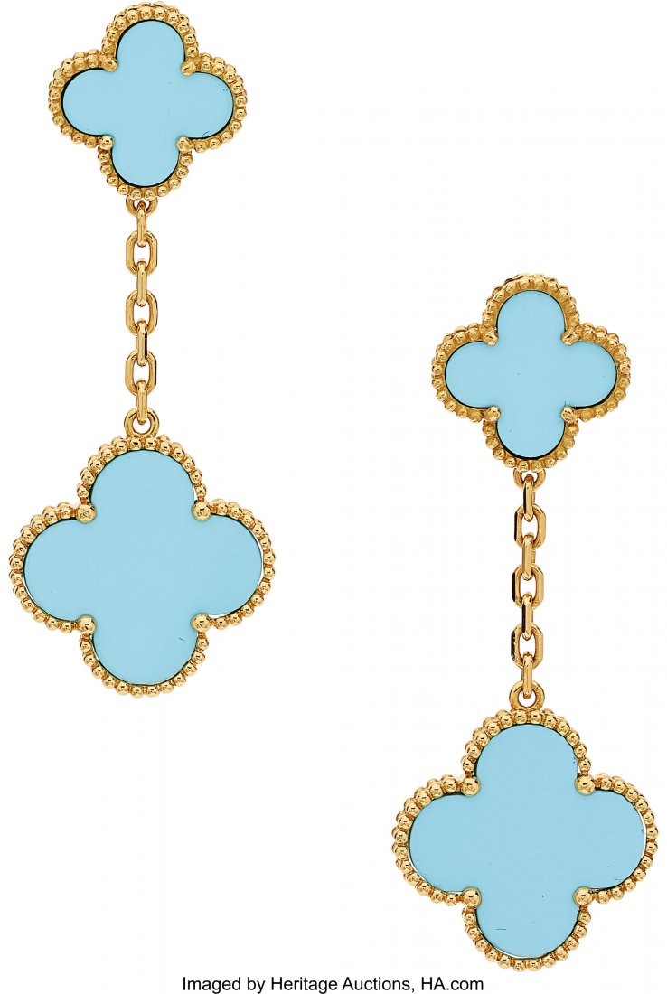 Turquoise, Gold Earrings, Van Cleef & Arpels, Fr: Turquoise, Gold Earrings, Van Cleef & Arpels, French The Alhambra earr