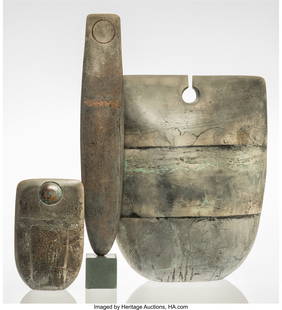 Peter Hayes (British, b. 1946) Three Forms, 1994: Peter Hayes (British, b. 1946)Three Forms, 1994-1998Raku-fired ceramic with copper20-3/8 x 16 x 6-1/2 inches (51.8 x 40.6 x 16.5 cm) (widest form)Signature and dated to the underside