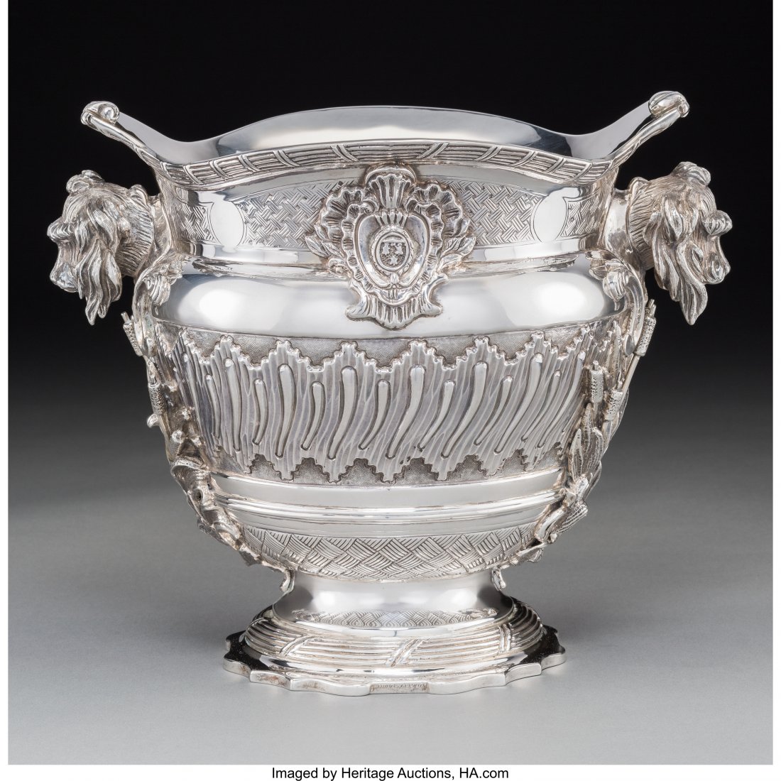 A Tane Orfebres French-Inspired Silver Wine Cool: A Tane Orfebres French-Inspired Silver Wine Cooler with Cattail and Spaniels' Head Motif, Mexi