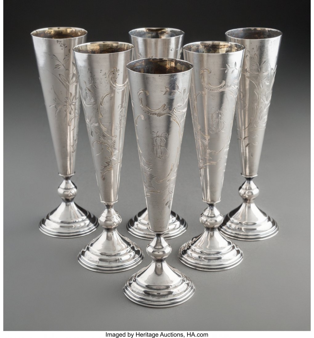 Six Russian Silver Champagne Flutes, circa 1896- (1 of 3)