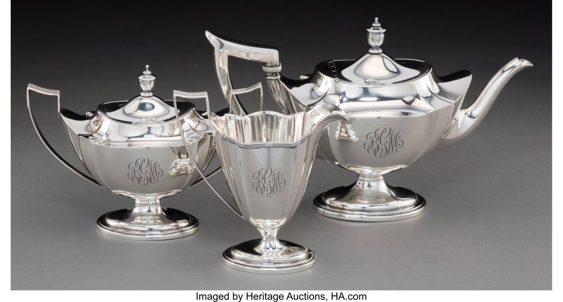 A Three-Piece Gorham Plymouth Pattern Silver Tea (1 of 3)