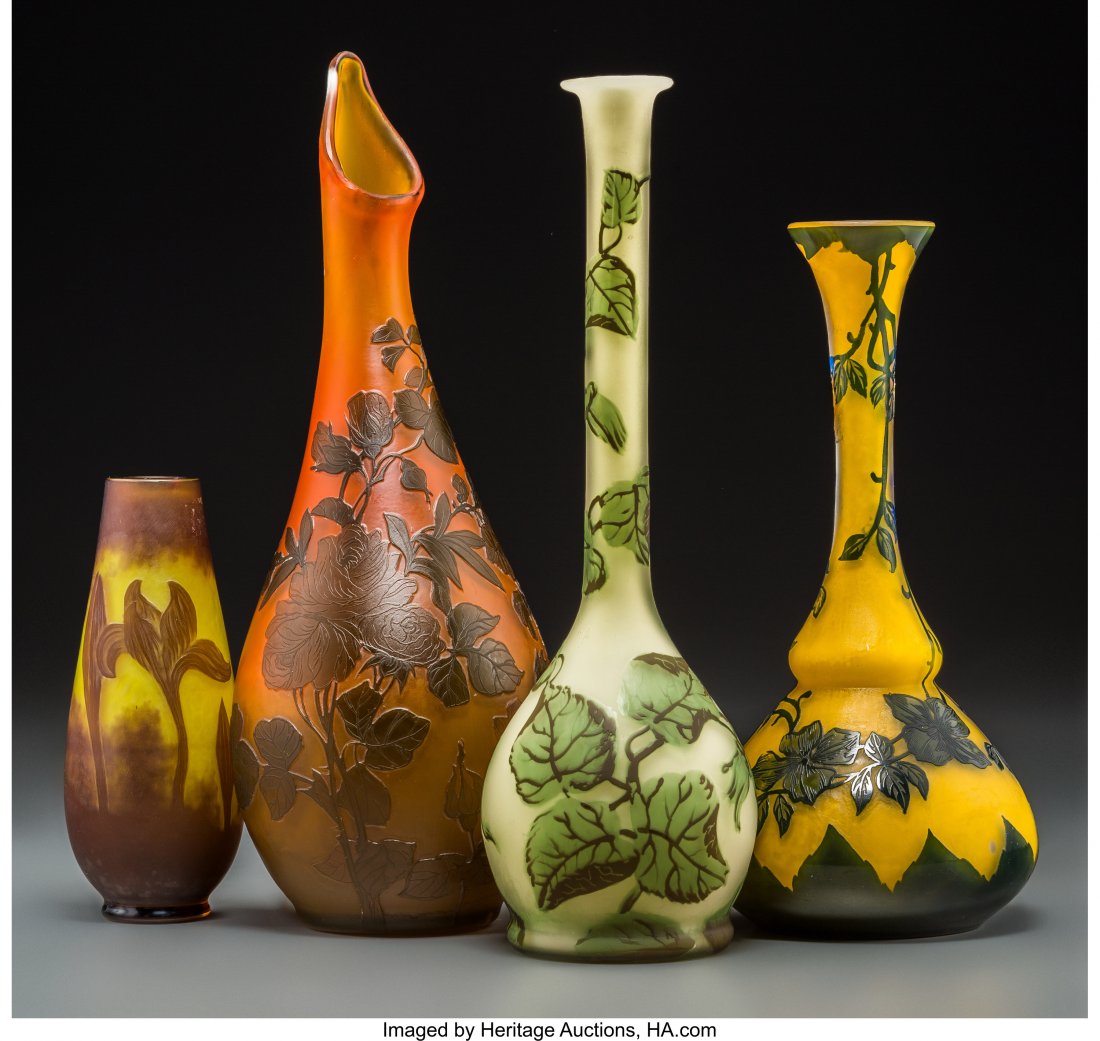Four Overlay Glass Vases The makers include Rich: Four Overlay Glass Vases The makers include Richard, Orrefors, Roger, and Delatte. Circa