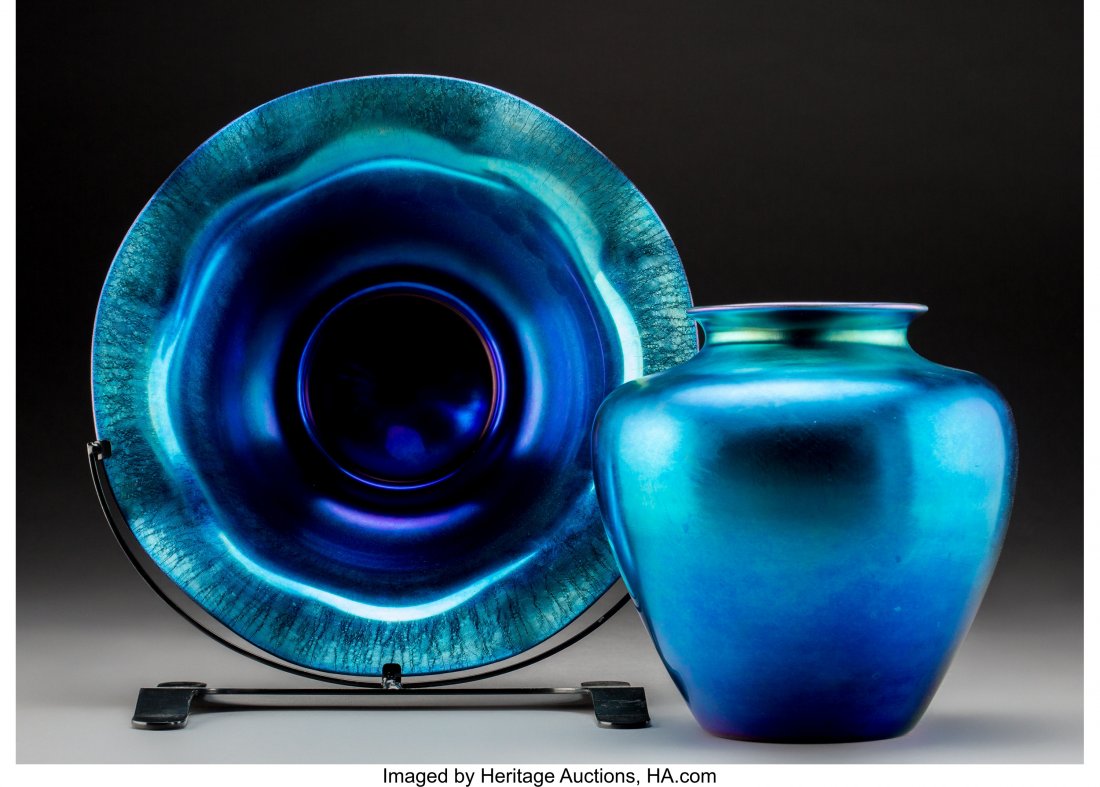 Steuben Blue Aurene Glass Vase and Center Bowl o (1 of 3)