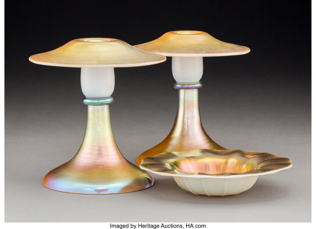 Pair of Steuben Gold Aurene and Calcite Glass Ca (1 of 3)