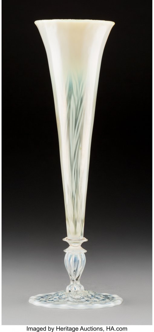 Tall Tiffany Studios Yellow Pastille Glass Trump: Tall Tiffany Studios Yellow Pastille Glass Trumpet Vase Circa 1910. Engraved L.C.T. - Fa