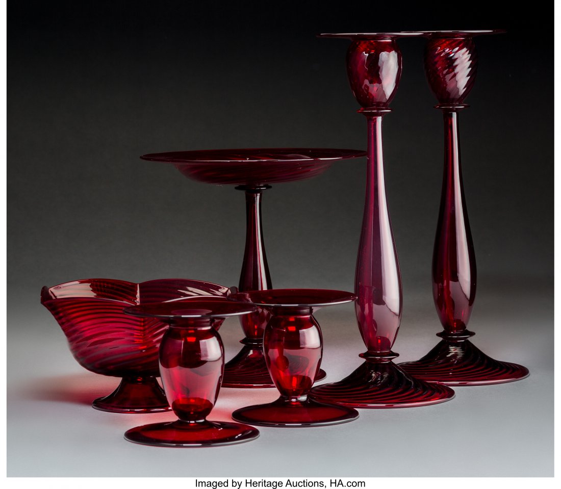 Six Steuben Selenium Red Glass Tableware Items C (1 of 2)