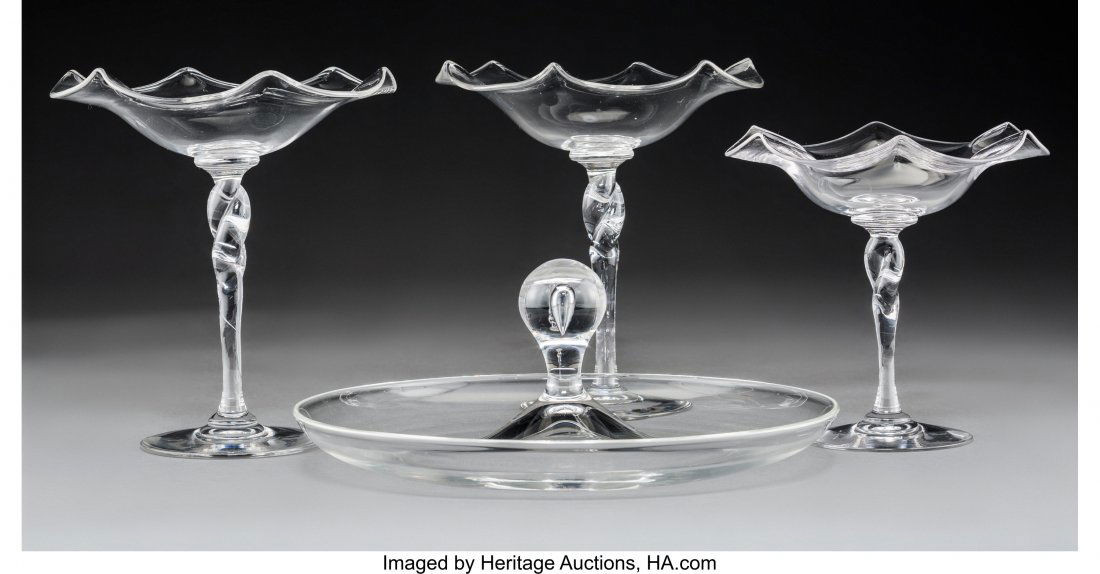 Three Hawkes Clear Glass Compotes with Steuben C (1 of 2)