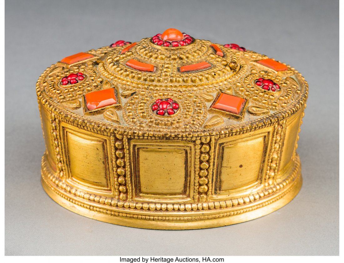 A Tiffany Studios Glass and Gilt Bronze Byzantin: A Tiffany Studios Glass and Gilt Bronze Byzantine Inkwell</