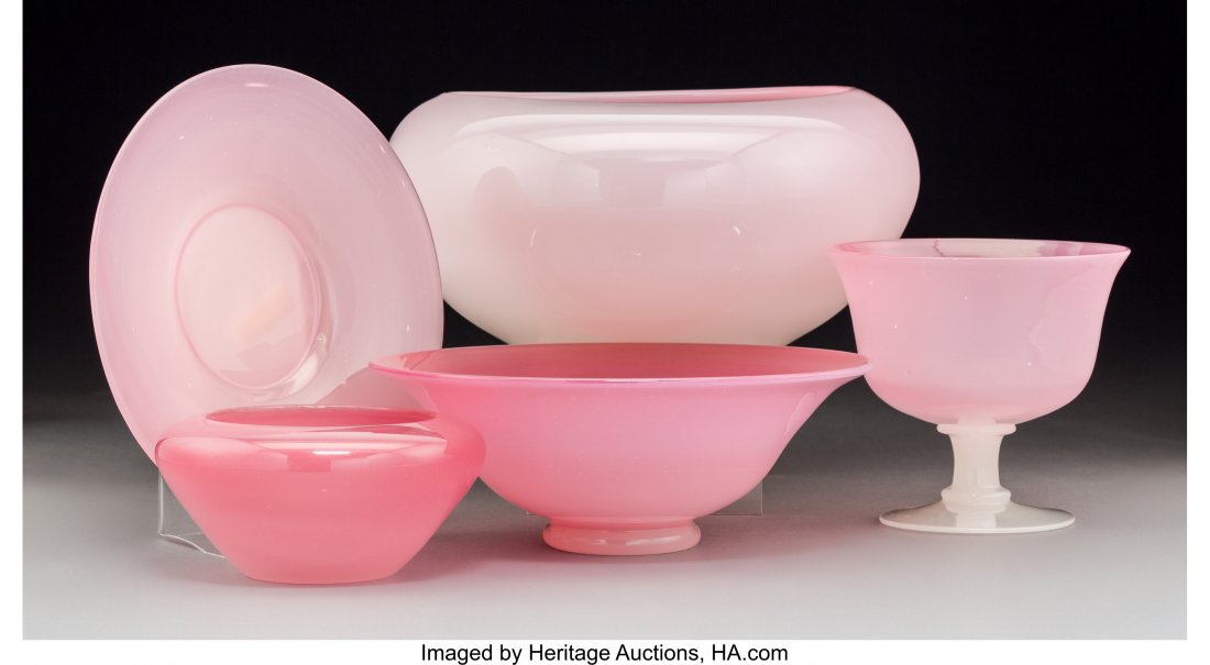 Five-Pieces of Steuben Rosaline and Alabaster Gl (1 of 4)