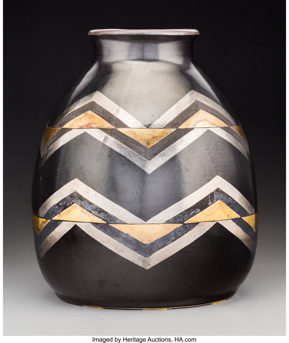 Jean Luce Black and Gilt Glazed Stoneware Chevro (1 of 3)