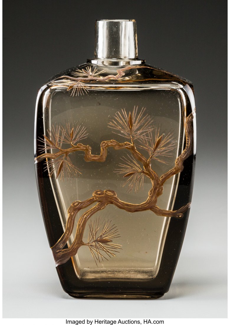 Galle Enameled and Partial Gilt Smoky Topaz Glas: Galle Enameled and Partial Gilt Smoky Topaz Glass Vase Circa 1890. Engraved E. GallÃ©, N