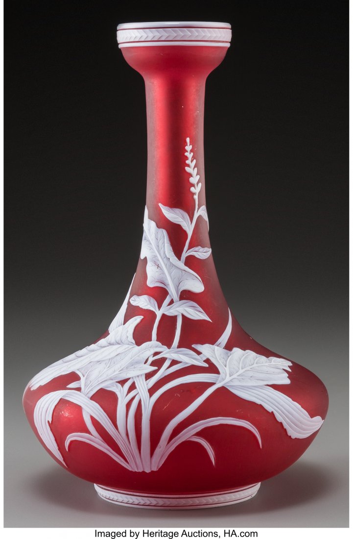 White Overlay Red Glass Vase Attributed to Thoma: White Overlay Red Glass Vase Attributed to Thomas Webb & SonsCirca 1890. Ht. 8-5/8 in.