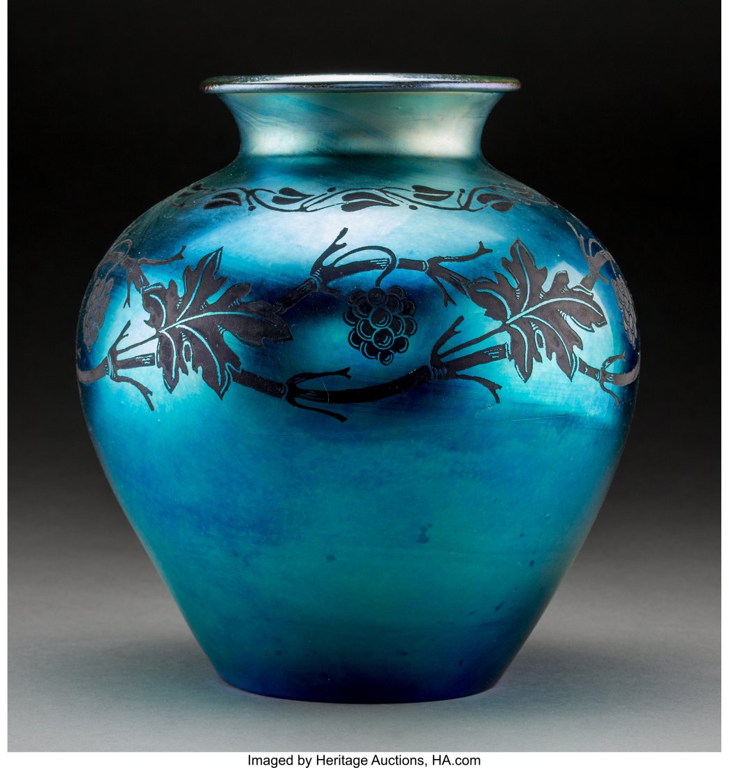 Steuben Intaglio Blue Aurene Glass Blackberry Va: Steuben Intaglio Blue Aurene Glass Blackberry Vase<
