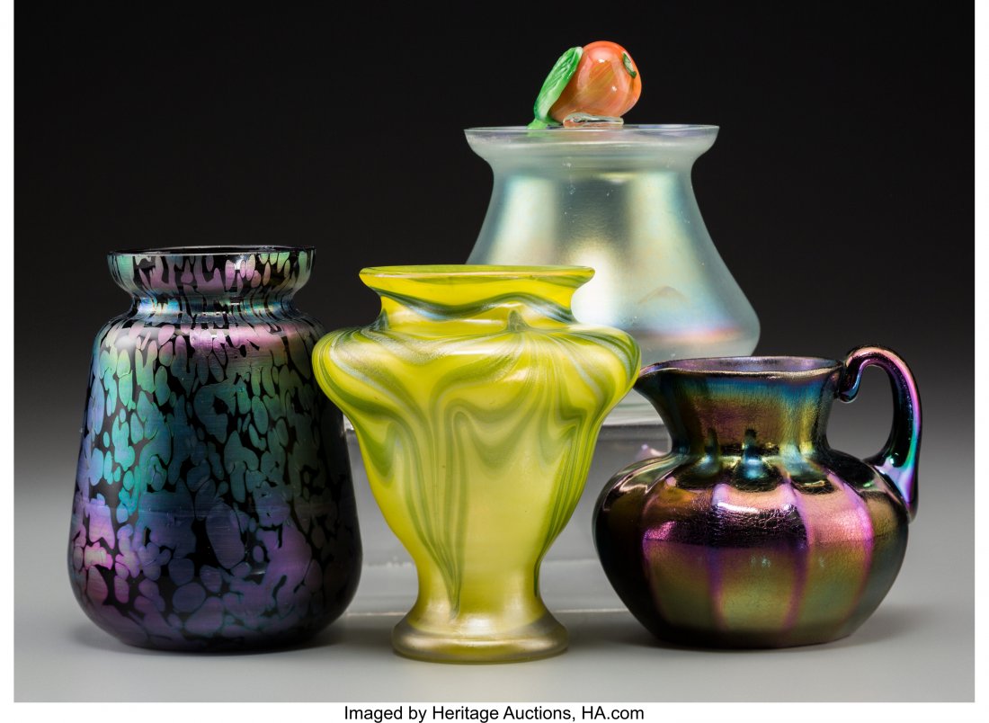 Three Loetz Iridescent Glass Vases with Steuben (1 of 3)
