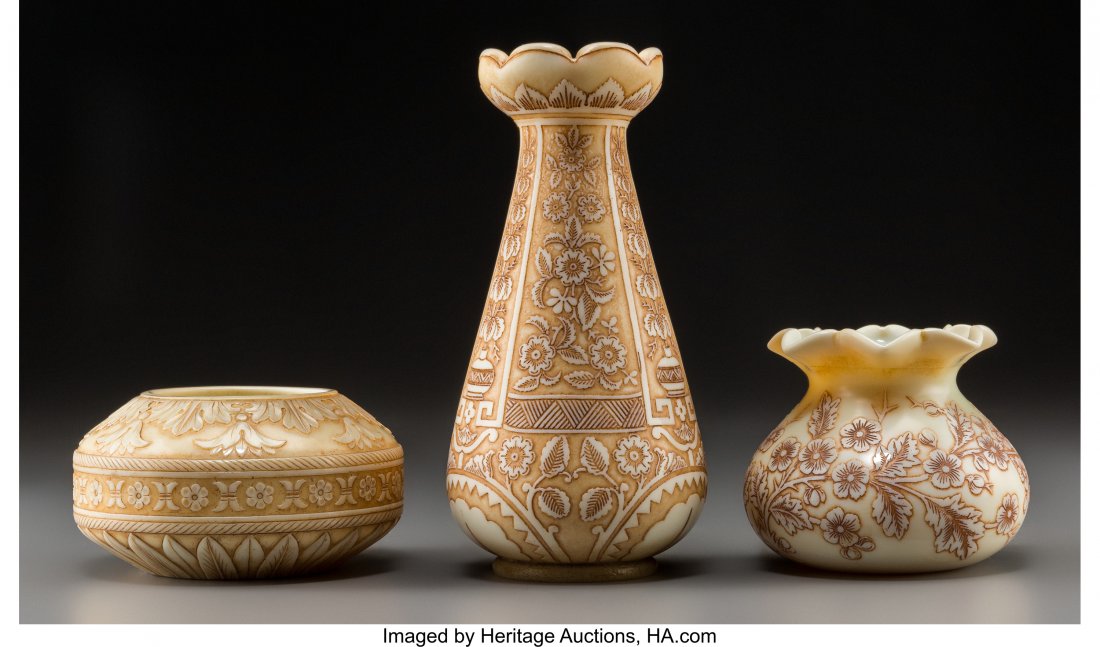 Three Thomas Webb & Sons Ivory Glass Vases Circa (1 of 3)