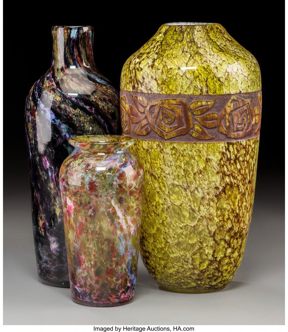 Three Mottled and Agate Glass Vases Circa 1930. (1 of 3)