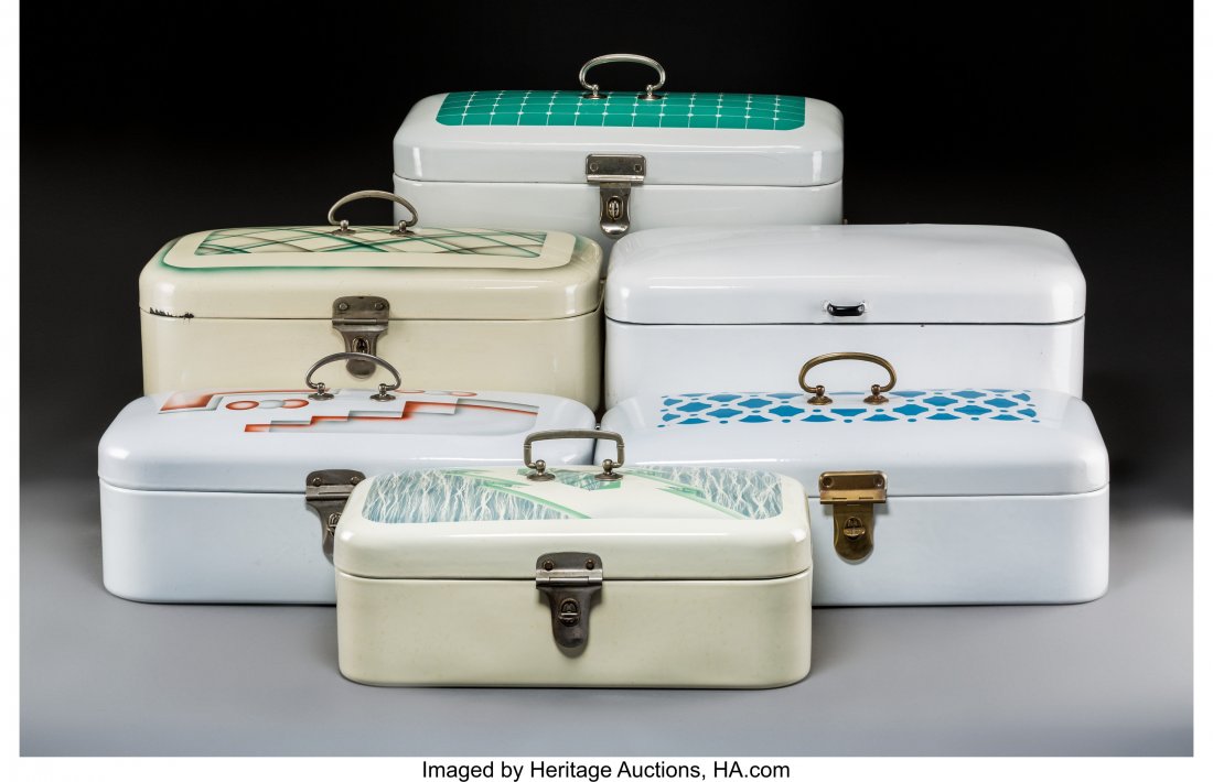 Six Art Deco Spritzdekor Enameled Bread Boxes Ci (1 of 3)