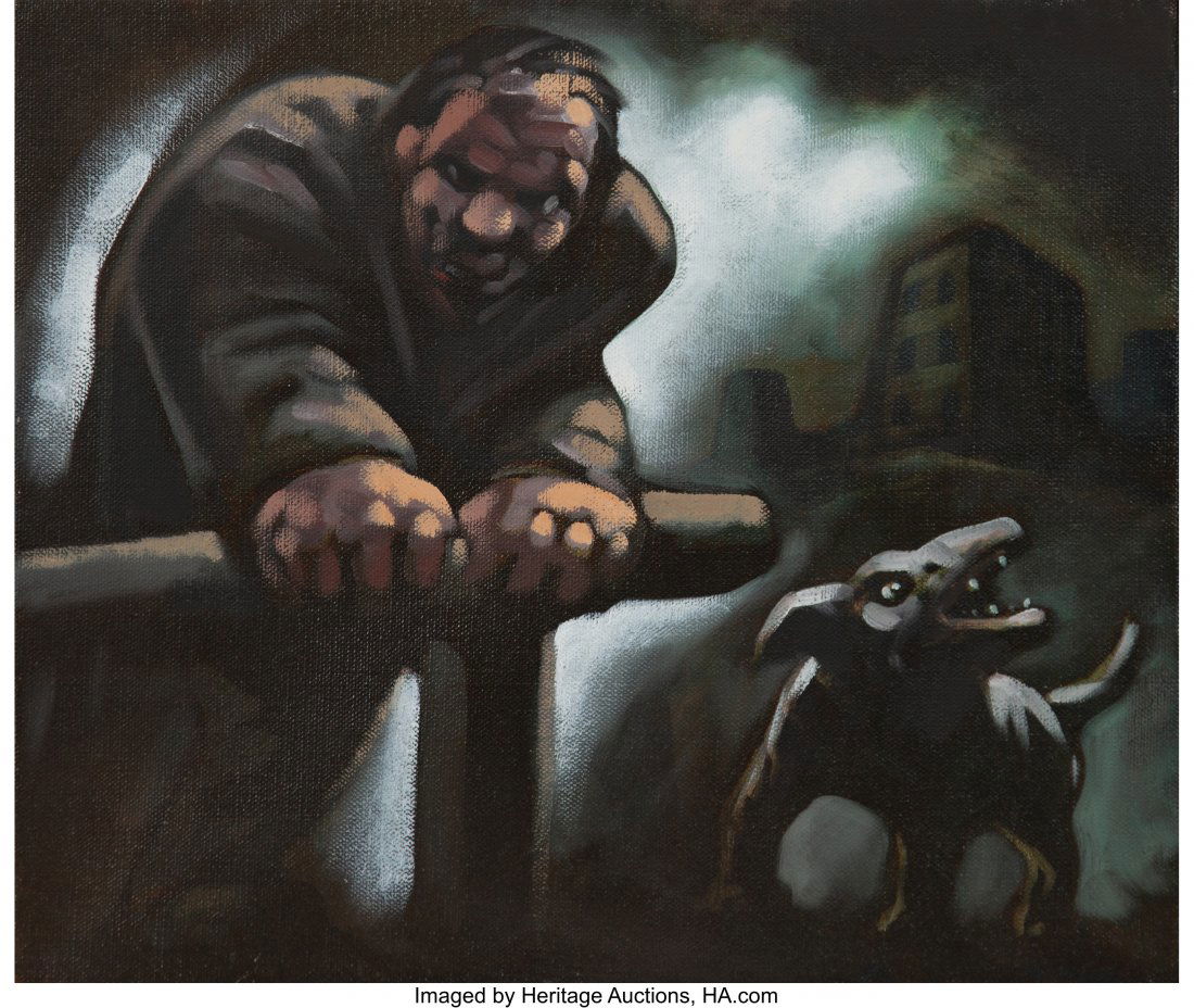 Peter Howson (b. 1958) Untitled (Man and dog) Oi: Peter Howson (b. 1958)Untitled (Man and dog)Oil on canvas12 x 14 inches (30.48 x 3
