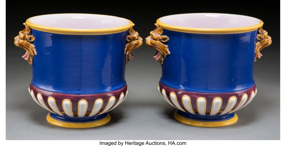 A Pair of Minton Majolica Cache Pots, Stoke-on-T: A Pair of Minton Majolica Cache Pots, Stoke-on-Trent, Staffordshire, England, 1885 Mar