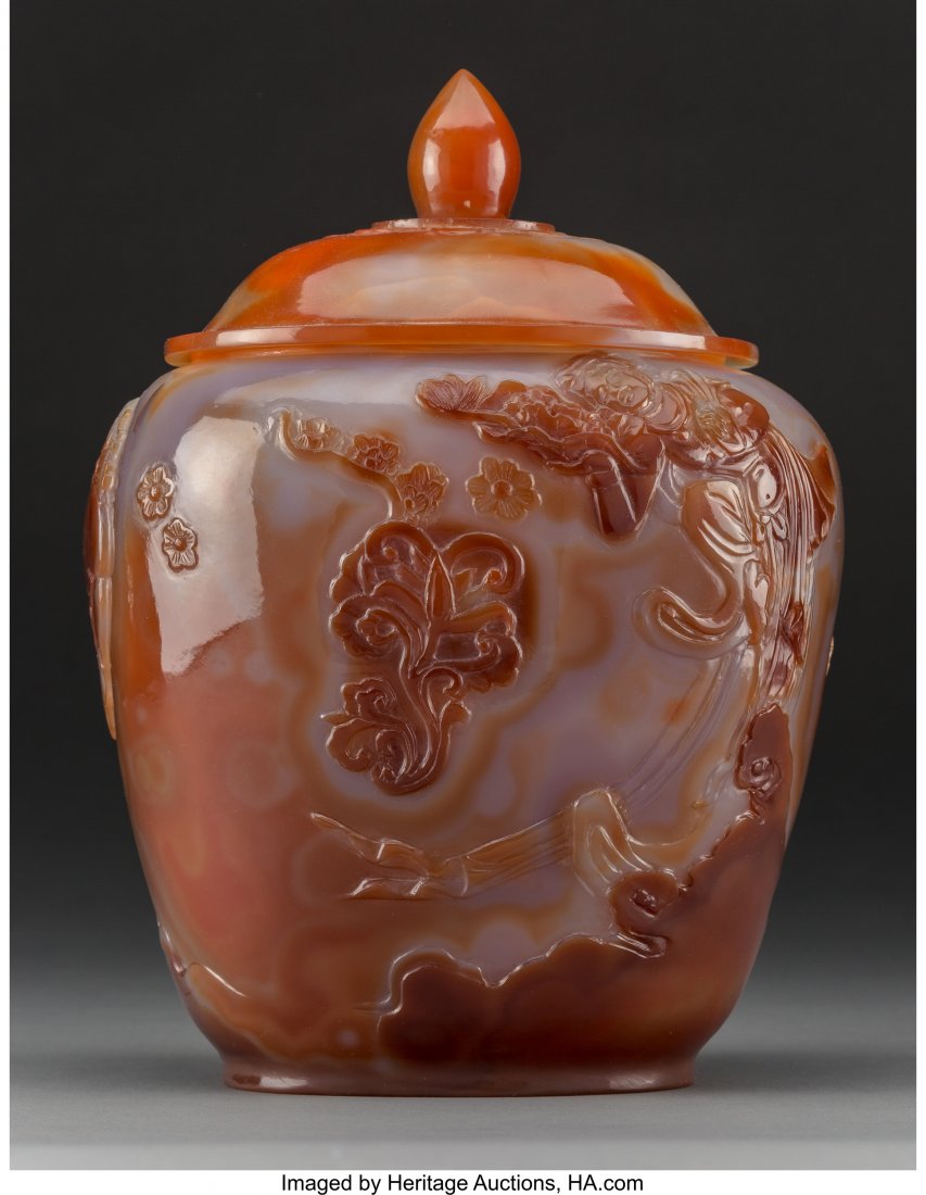 A Chinese Carved Carnelian Agate Covered Jar 11-: A Chinese Carved Carnelian Agate Covered Jar 11-3/4 inches high (29.8 cm) PROPERTY F