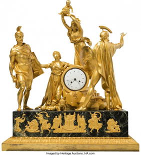 A Rare and Large Pierre-Philippe Thomire Empire: A Rare and Large Pierre-Philippe Thomire Empire Gilt Bronze and Verde Antico Marble Allegorical Mantel Clock D