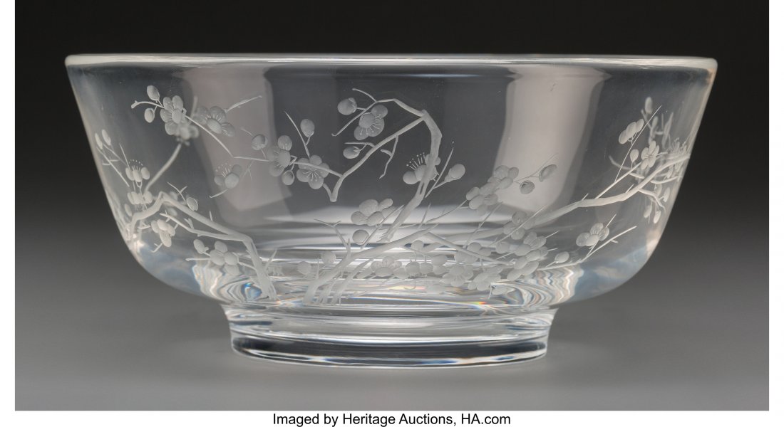 A Steuben Glass Plum Blossom Bowl with Folio, Co: A Steuben Glass Plum Blossom Bowl with Folio, Corning, New York, designed 1979 Marks: St