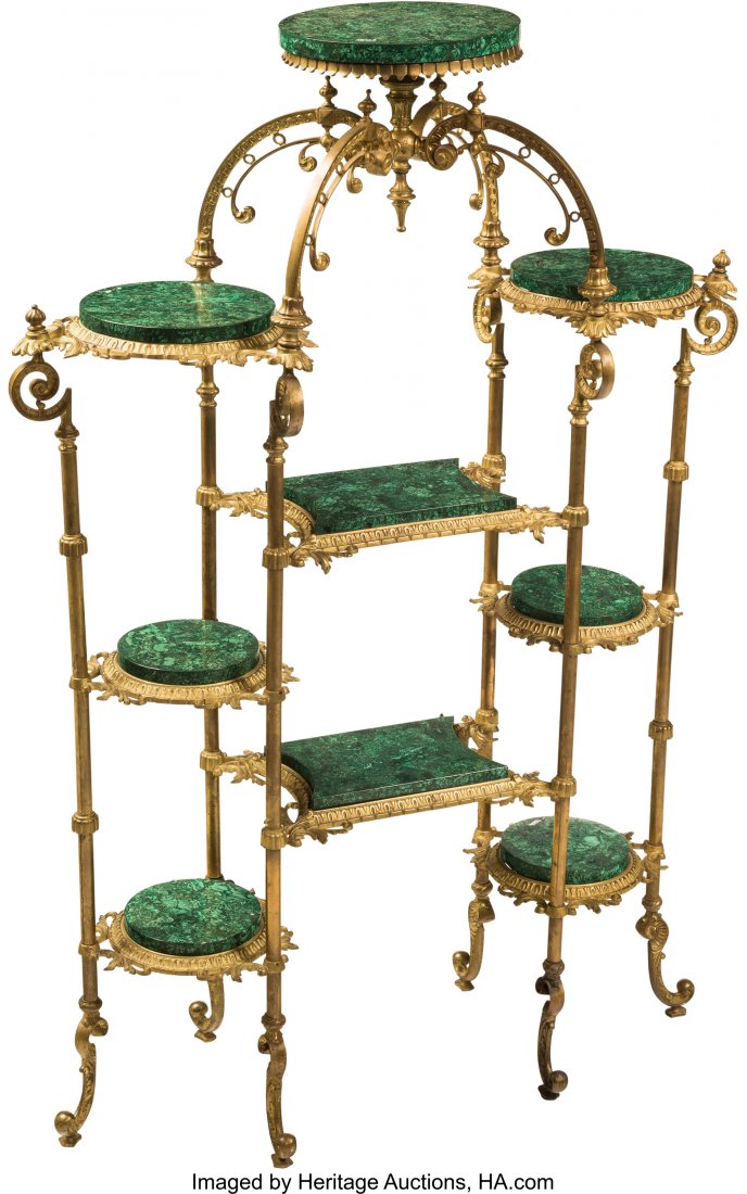 A Louis XV-Style Gilt Bronze and Malachite Ã‰tag: A Louis XV-Style Gilt Bronze and Malachite Ã‰tagÃ¨re, late 19th century 55 h x 36-1/2