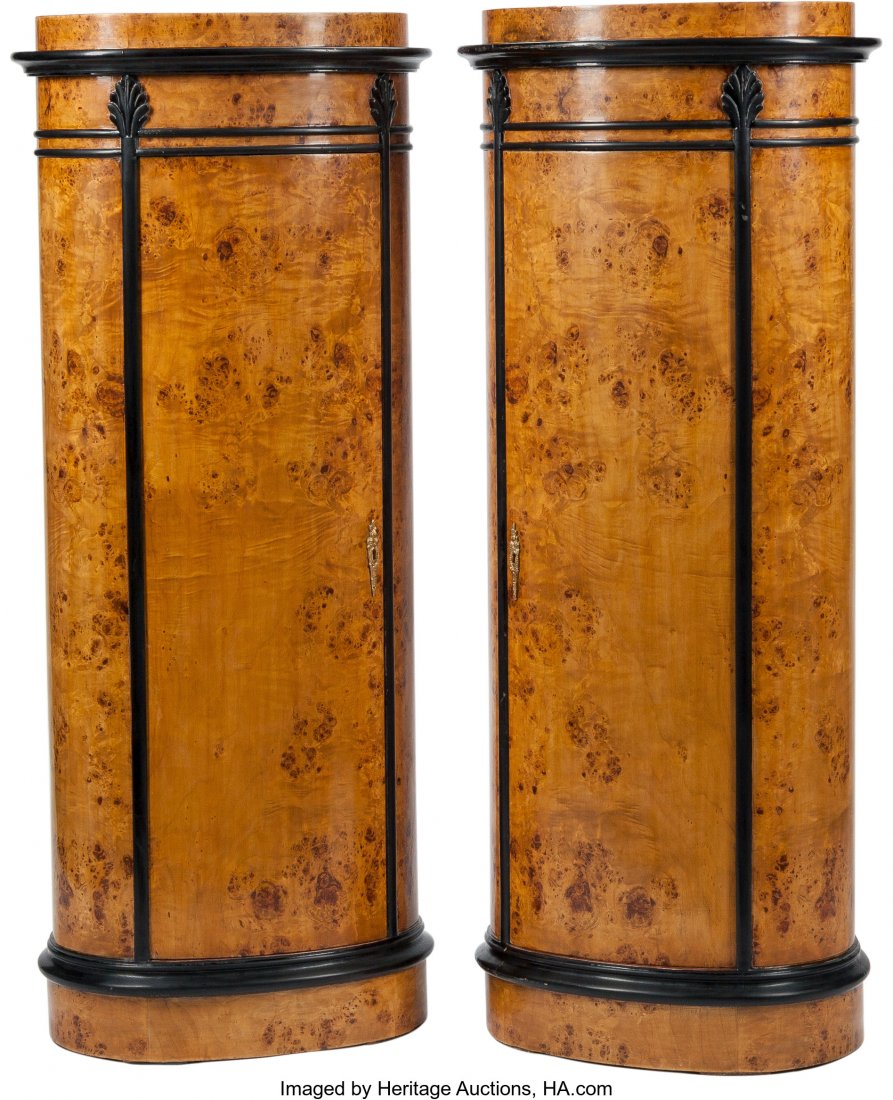 A Pair of Biedermeier-Style Burlwood and Ebonize: A Pair of Biedermeier-Style Burlwood and Ebonized Cabinets 59 h x 21 w x 16 d inches (149.9