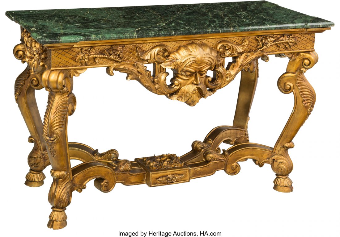A RÃ©gence-Style Giltwood and Marble Center Tabl: A RÃ©gence-Style Giltwood and Marble Center Table, 20th century 32 h x 52 w x 24 d inches (