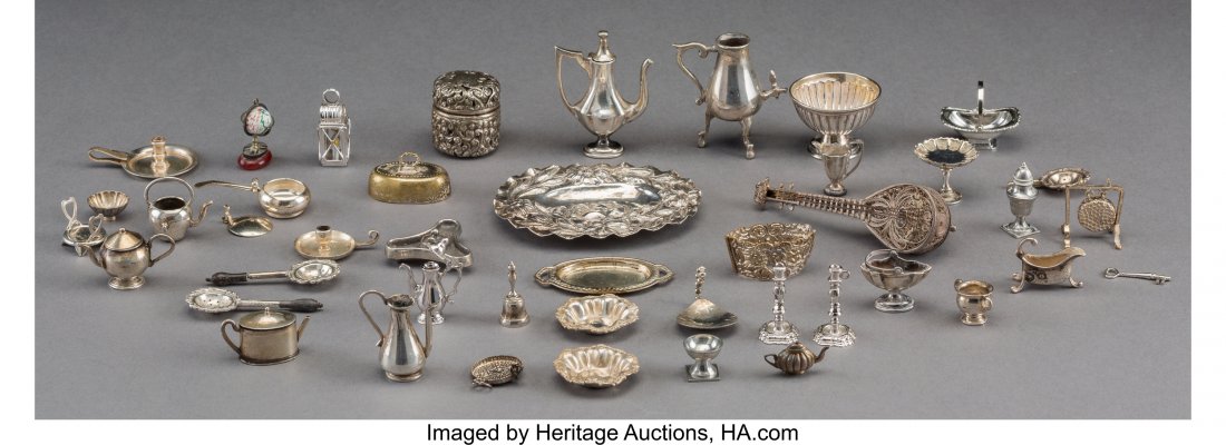 A Forty-Two Piece Silver and Silver-Plated Minia: A Forty-Two Piece Silver and Silver-Plated Miniature House and Tableware Group, 20th century <