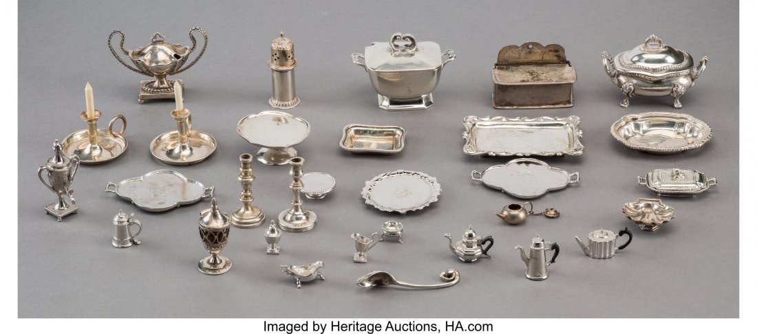 A Thirty-One Piece Group of American, English, a: A Thirty-One Piece Group of American, English, and Continental Silver and Silver-Plated Miniature Tabl