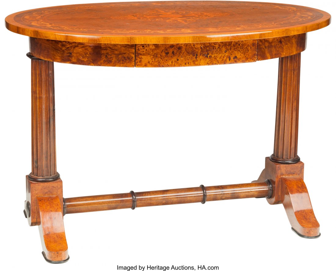 A Hungarian Neoclassical Biedermeier Oval Table : A Hungarian Neoclassical Biedermeier Oval Table with Marquetry Top, 19th century 28-1/4 h x