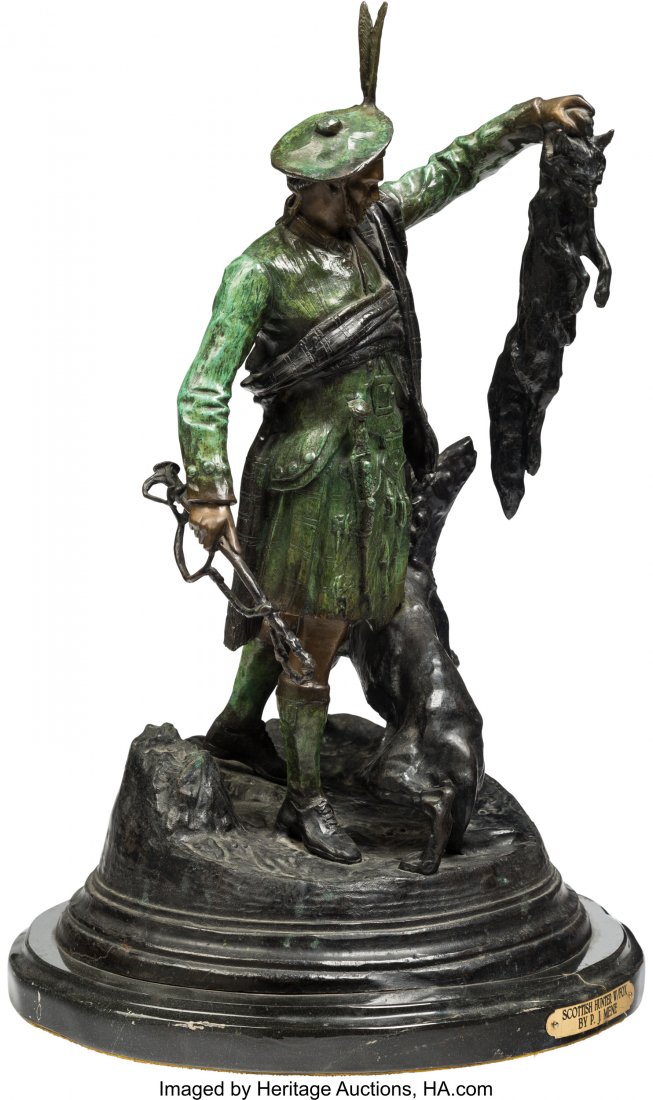 After Pierre Jules Mene Scottish Hunter with Fox: After Pierre Jules Mene Scottish Hunter with Fox Bronze with Polychrome