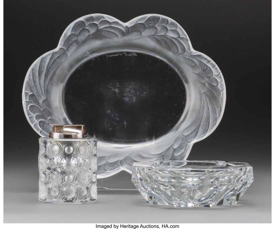 Two Lalique Clear and Frosted Glass Tablewares a: Two Lalique Clear and Frosted Glass Tablewares and Baccarat Ashtray, post-1945 Marks: La